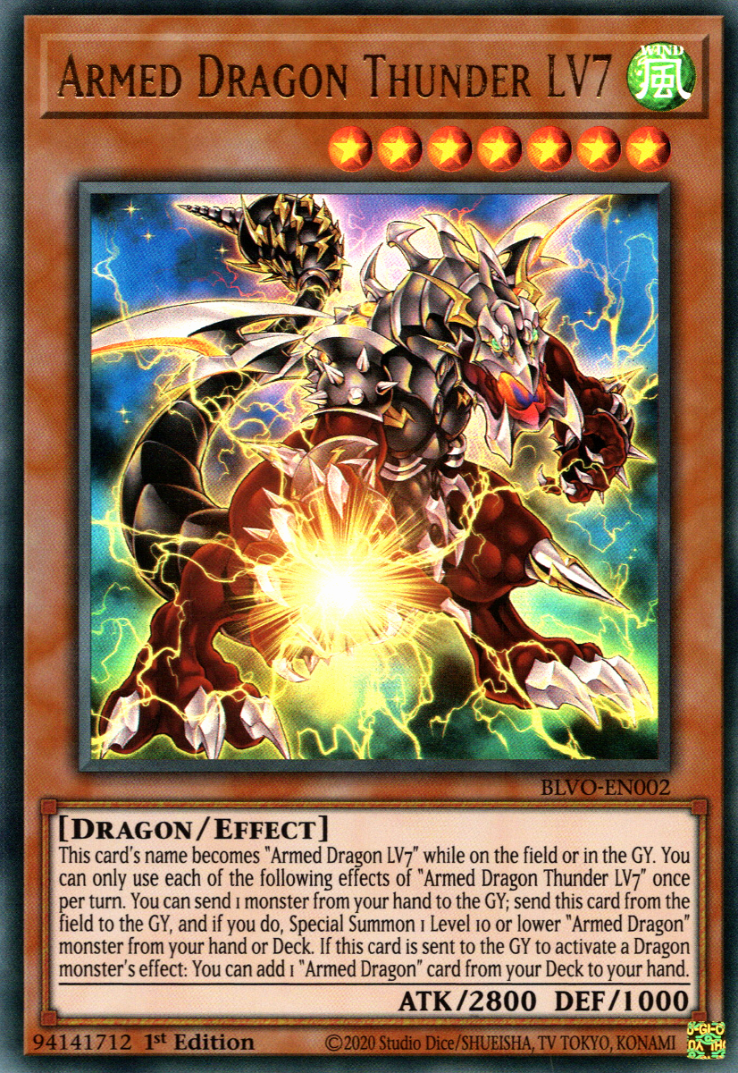 Details about   Armed Dragon Thunder LV3 BLVO-EN004 Super Rare Yu-Gi-Oh Card 1st Edition New 