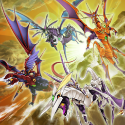 "Dragunity Knight - Gae Bulg", "Gae Dearg", "Vajrayana", and "Luin", in the artwork of "Dragunity Legion".