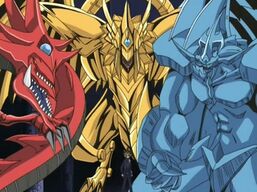 From left to right: "Slifer", "Ra" and "Obelisk"