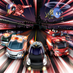 "Gyroid", "Submarineroid", "Ambulance Rescueroid", "Patroid", "Ambulanceroid", "Rescueroid", "Jetroid", and "Megaroid City" in the artwork of "Emergeroid Call"