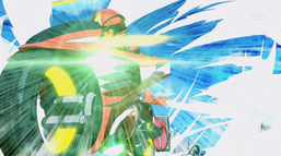 Yuya rides past Jack after defeating him in their final duel of the Friendship Cup.
