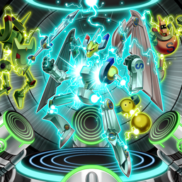 "Alpha The Magnet Warrior", "Beta The Magnet Warrior" and "Gamma The Magnet Warrior" merging into "Valkyrion the Magna Warrior" in the artwork of "Magnetic Field"