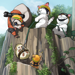 Clockwise from top left: "Ferret", "Cat", "Rabbit" and "Hamster" rescue the younger version of "Hedgehog" in the artwork of "Emerging Emergency Rescute Rescue"