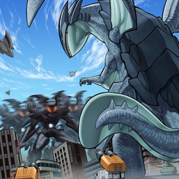 "Radian" and "Gameciel" in the artwork of "Kaiju Capture Mission".