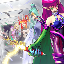 From left to right: "Harpie's Pet Dragon", "Harpie Perfumer", "Harpie Dancer", "Harpie Channeler", "Harpie Queen" and "Cyber Harpie Lady" in the artwork of "Alluring Mirror Split".