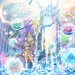 "Water Enchantress of the Temple" calls forth an "Adventurer Token" in the artwork of "Rite of Aramesir