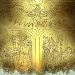 From left to right: "Qebehsenuef", "Duamutef", "Horus", "Imsety" and "Hapi" in the artwork of "Walls of the Imperial Tomb"
