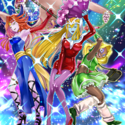 From left to right: "LaMoon the Party Princess", "Bubbly Elf", and "Kanan the Sword Diva" in the artwork of "Party Party Party".