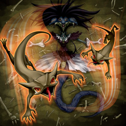 "Reptilianne Gorgon" with two "Reptilianne Tokens" in the artwork of "Reptilianne Spawn".