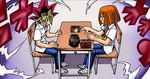 Yugi and Imori playing Dragon Cards.