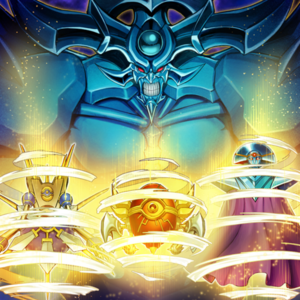 "Kelbek", "Agido", and "Zolga" being Tributed for the Tribute Summon of "Obelisk the Tormentor" in the artwork of "Soul Crossing".