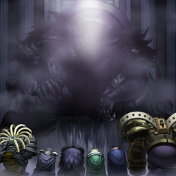 From left to right: "Zaborg", "Mobius", "Caius", "Raiza", "Thestalos", and "Granmarg" kneeling before "Erebus", in the artwork of "Domain of the True Monarchs".