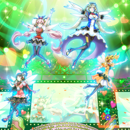 Clockwise, from top right: "Trickstar Holly Angel", "Candina", "Lycoris" and "Lilybell" in the artwork of "Trickstar Light Stage"