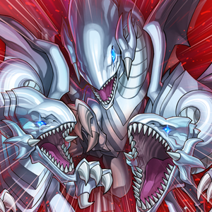 Three "Blue-Eyes White Dragon" in the artwork of "Rage with Eyes of Blue".