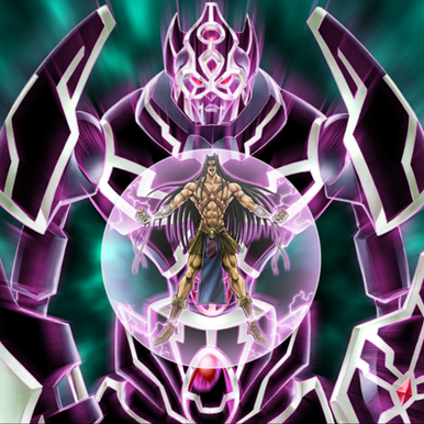"Gearfried the Swordmaster" (center) and the armor of "Gearfried the Iron Knight" in the artwork of "Release Restraint".