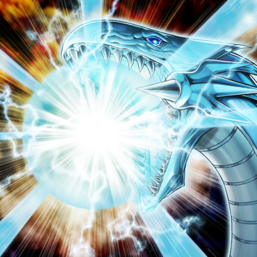 "Blue-Eyes White Dragon" in the artwork of "Burst Stream of Destruction", charging the namesake attack.