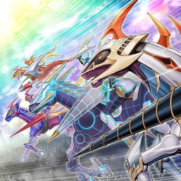 "Gaia Dragon, the Thunder Charger", "Gaia Drake, the Universal Force", "Gaia Knight, the Force of Earth", and "Gaia Saber, the Lightning Shadow" in the artwork of "D.D.D. - Different Dimension Derby".