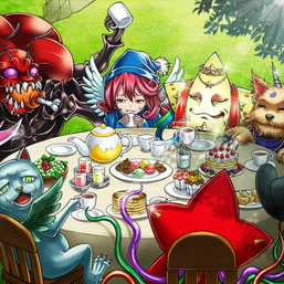 Clockwise from top-left: "Greatfly", "Wee Witch's Apprentice", "Hip Hoshiningen", "Missus Radiant", "Mistar Boy", and "Duelittle Chimera" in the artwork of "Link Party"