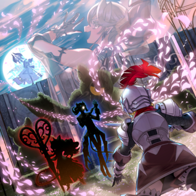 "Lovely Labrynth of the Silver Castle", and the silhouettes of an unknown "Labrynth" monster and "Arias the Labrynth Butler", facing an unnamed female knight in the artwork of "Big Welcome Labrynth"
