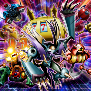 "Blast Sphere", "Metalzoa", "Launcher Spider", "Pendulum Machine", "Slot Machine", and "Space Megatron" in the artwork of "Heavy Metal Raiders".