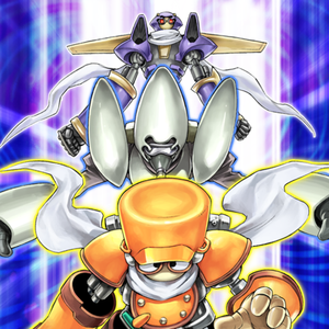The Level 5 Synchro Monster "Junk Warrior" and its Synchro Materials, the Level 3 Tuner monster "Junk Synchron" and the Level 2 non-Tuner "Speed Warrior" in the artwork of "Urgent Tuning".