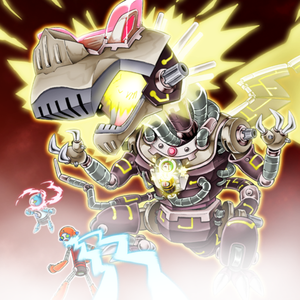 "Batteryman AA", "Batteryman C", "Batteryman D", and "Super-Electromagnetic Voltech Dragon" in the artwork of the latter card.