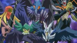 From left to right: "Blackwings": "Bora the Spear", "Gale the Whirlwind", "Shura the Blue Flame", "Mistral the Silver Shield" and "Armor Master".