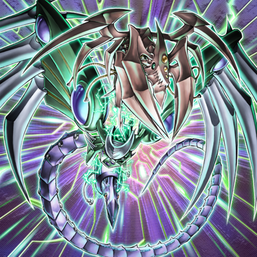 "Cyberdark Horn", "Edge", and "Keel" combining into "Cyberdark Dragon" in the artwork of "Cyberdark Impact!"