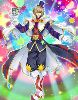 "Performapal Smile Sorcerer" holding the cards "Smile Universe" and "Smile World".