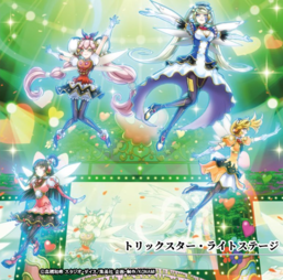 Clockwise, from top right: "Trickstar Holly Angel", "Candina", "Lycoris" and "Lilybell" in the artwork of "Trickstar Light Stage"