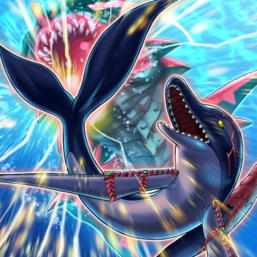"Dolphin King Iruqua" repelling "Battle Shark Samegalon" in the artwork of "Dolphin Counterattack"