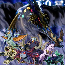 The seven "Advanced Crystal Beasts" and "Rainbow Dark Dragon" in the artwork of "Advanced Dark"