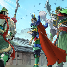 "Valiant Zhang De", "Virtuous Liu Xuan", and "Loyal Guan Yun" in the artwork of "Ancient Warriors Saga - Three Visits"