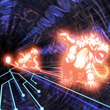"Evoltile Odonto" and "Evolsaur Vulcano" in the artwork of "Evolutionary Bridge"