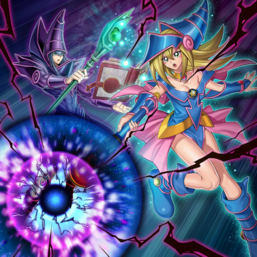 "Dark Magician" and "Dark Magician Girl" in the artwork of "Dark Resonance Burst"
