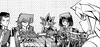 Dark Bakura, as game master with miniatures of Jonouchi, Honda, Anzu and Yugi