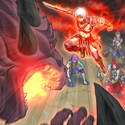 "War Rock Fortia", "Orpis", "Skyler", and "Gactos" clashing against an unknown monster in the artwork of "War Rock Ordeal".