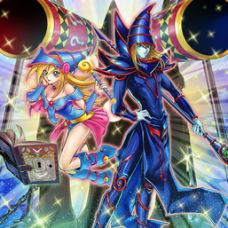 "Dark Magician Girl" and "Dark Magician" (along with "Magic Formula", "Magic Cylinder", and "Magical Dimension") in the artwork of "Magicians' Combination"