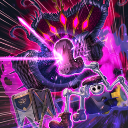 "Scarechair Bone", "Gear", and "Saber" defending the "Throne of Darkness" in the artwork of "Joining Chairs"