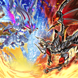 "Mirrorjade the Iceblade Dragon" and "Lubellion the Searing Dragon" in the artwork of "Branded Fusion".