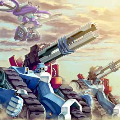 "Machina Fortress" and "Machina Air Raider" in the artwork of "Machina Redeployment".