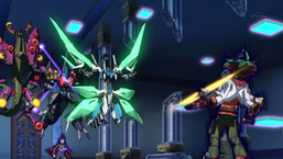 Yuya struggles with the darkness as he faces the other three incarnations and their dragons.