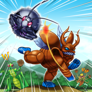 "Gokibore", "Kuwagata α", "Basic Insect", and "Kumootoko" in the artwork of "Giant Ballpark".