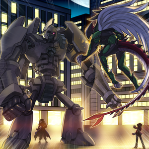 Vellian Crowler, with "Ancient Gear Golem", and Jaden Yuki, with "Elemental HERO Flame Wingman", Dueling in the artwork of "Cross-Dimensional Duel".