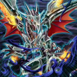 "Red-Eyes Black Flare Dragon" and "Black Metal Dragon" forming "Red-Eyes Flare Metal Dragon" in the artwork of "Return of the Red-Eyes".