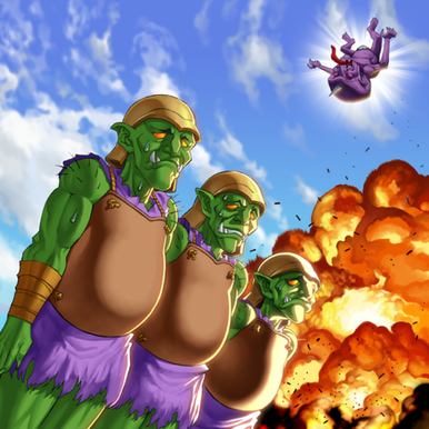 "Goblin Attack Force" and "Goblin Calligrapher" in the artwork of "Attention!"
