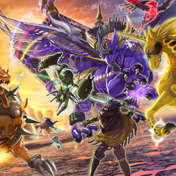 "Knightmare Goblin", "Gryphon", "Phoenix", "Unicorn", and "Cerberus"  fighting "Beckoned by the World Chalice" while "Mekk-Knight Avram" and "World Chalice Guardragon" pursue "Knightmare Corruptor Iblee"; in the artwork of "World Legacy's Nightmare"