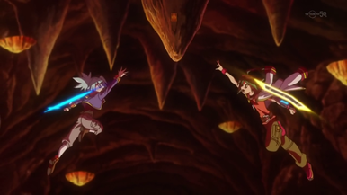 Yuya and Sora desperately dive for an Action Card.