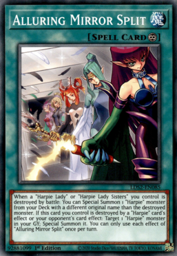 From left to right: "Harpie's Pet Dragon", "Harpie Perfumer", "Harpie Dancer", "Harpie Channeler", "Harpie Queen" and "Cyber Harpie Lady" in the artwork of "Alluring Mirror Split".