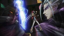 Yuma fights Kaze's "Blade Armor Ninja".